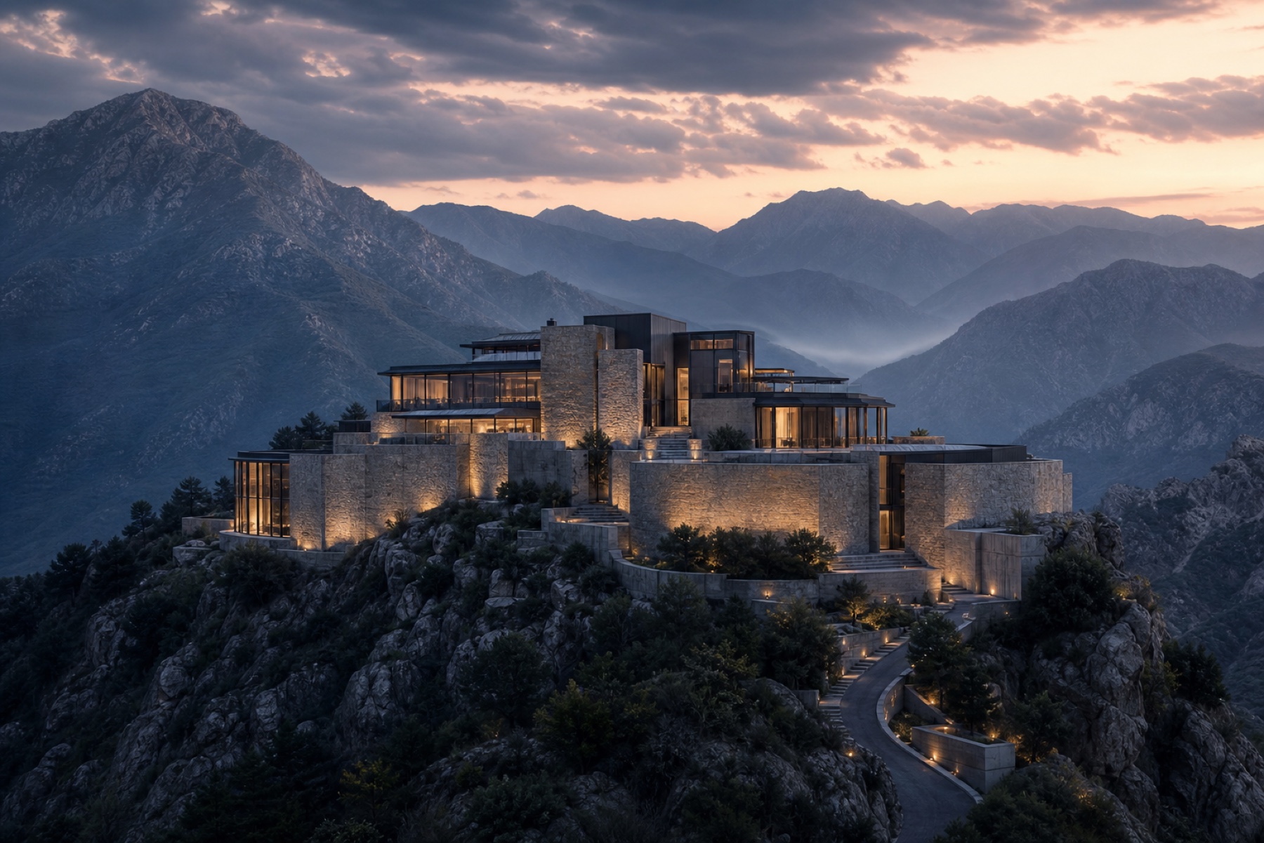 Contemporary mountain citadel at dusk